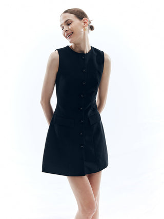 Button Solid Crew Neck Sleeveless Dress