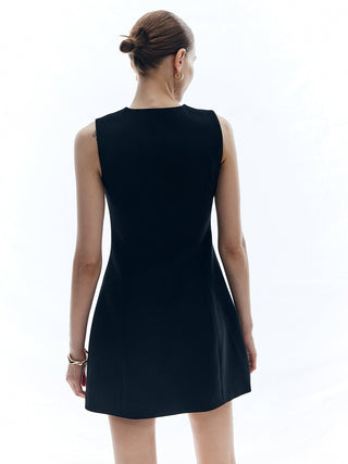 Button Solid Crew Neck Sleeveless Dress