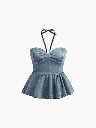 Denim Halter Pleated Tank Top