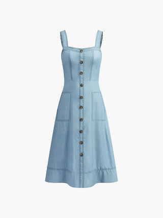 Denim Button Zipper Pockets Dress