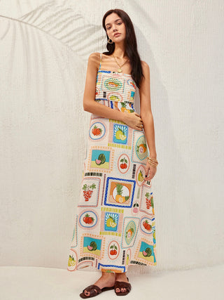 Print Pleated Long Dress