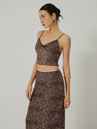 V-Neck Leopard Print Skirt Set