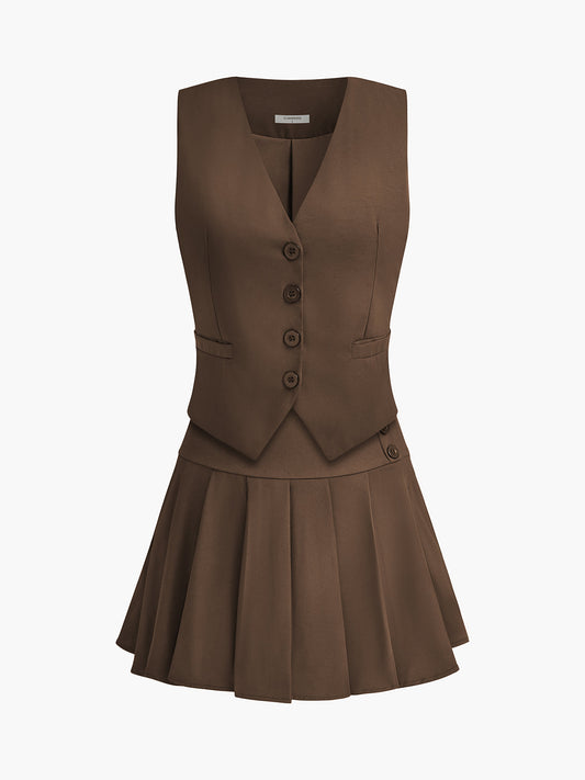 Sleeveless Pleated Button Skirt Set