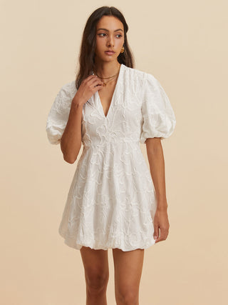 Puff Sleeve V-Neck Shift Dress