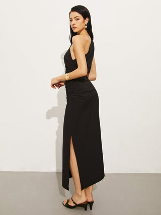 Asymmetrical Collar Pleated Long Dress