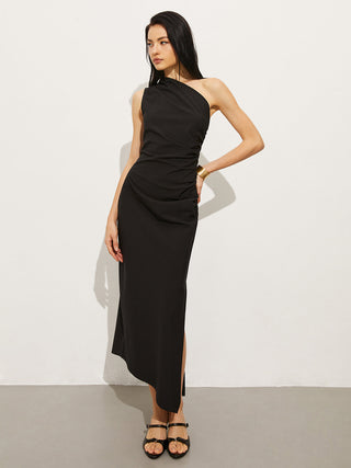 Asymmetrical Collar Pleated Long Dress