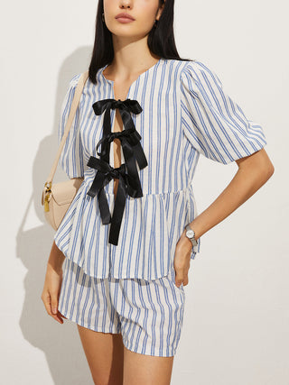 Tie-Front Stripe Shorts Set