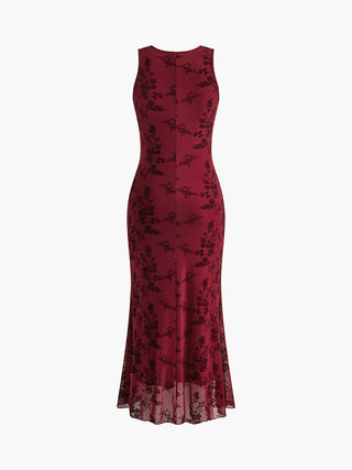 Printed Mesh Sleeveless V-Neck Long Dress