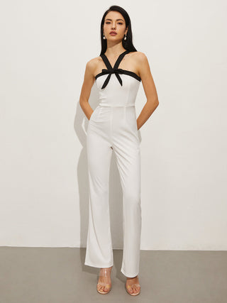 Contrast Trim Halter Bow Jumpsuit