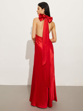 Satin Bow Backless Halter Dress