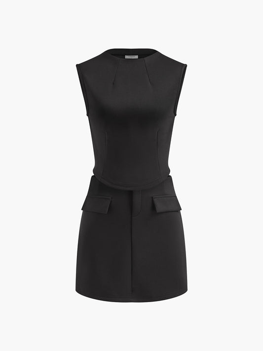 Slim Sleeveless Pockets Skirt Set
