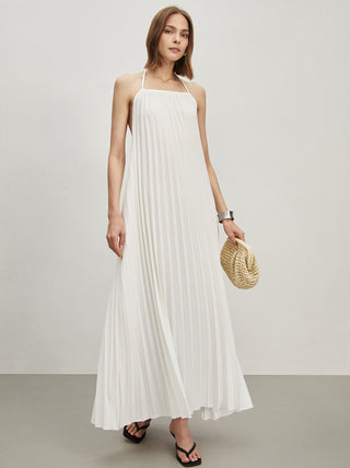 Tie-Back Open Back Pleated Long Dress