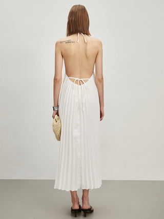 Tie-Back Open Back Pleated Long Dress