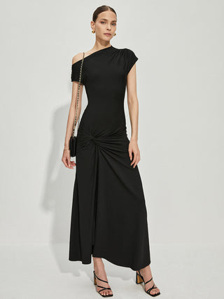 Asymmetric Collar Front Slit Long Dress