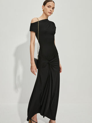 Asymmetric Collar Front Slit Long Dress