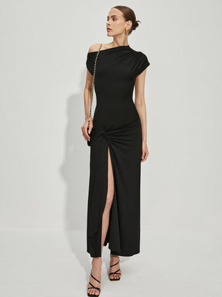 Asymmetric Collar Front Slit Long Dress