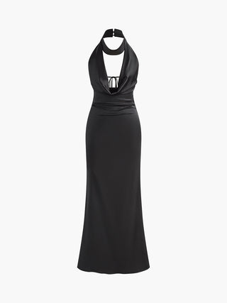 Deep V-Neck Halter Satin Long Dress