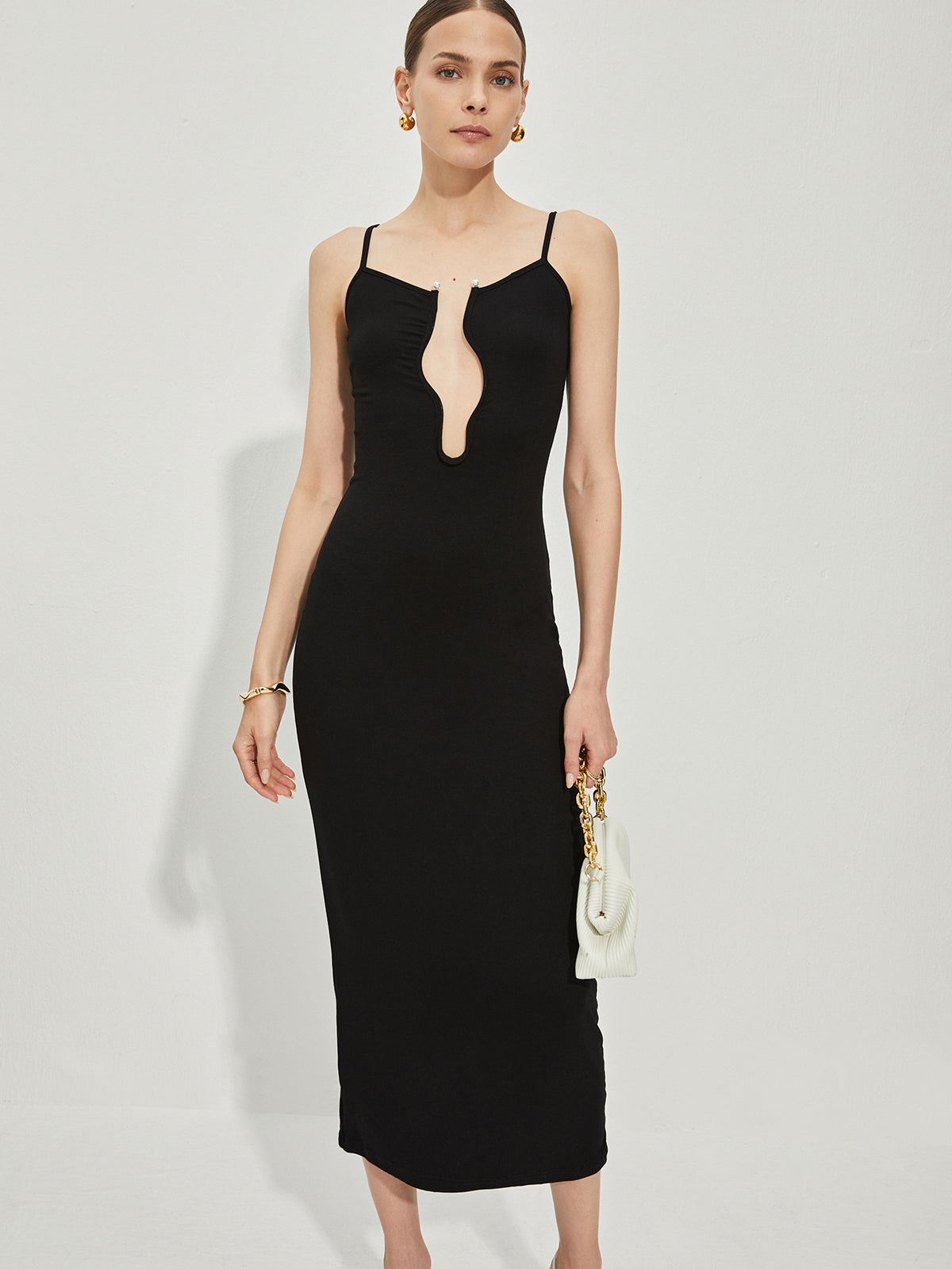 Pearl Detail V-Neck Slip Midi Dress