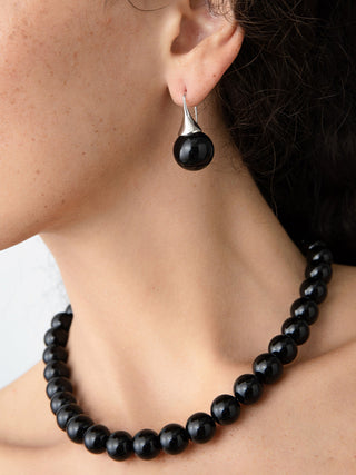 Black Round Onyx Hook Earrings