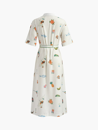 Print Collared Button Belted Dress