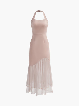 Tulle-Hem Slim Halter Long Dress