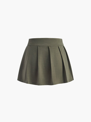 Button Pleated Solid Skirt Set