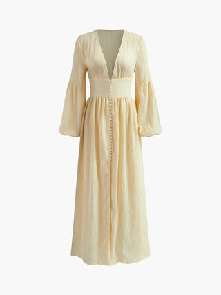 Boho Lantern Sleeve Button-Front Long Split Dress