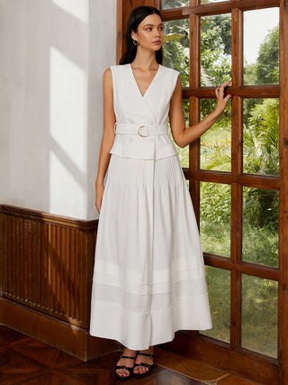 Cotton & Linen Belted Pleated Long Dress