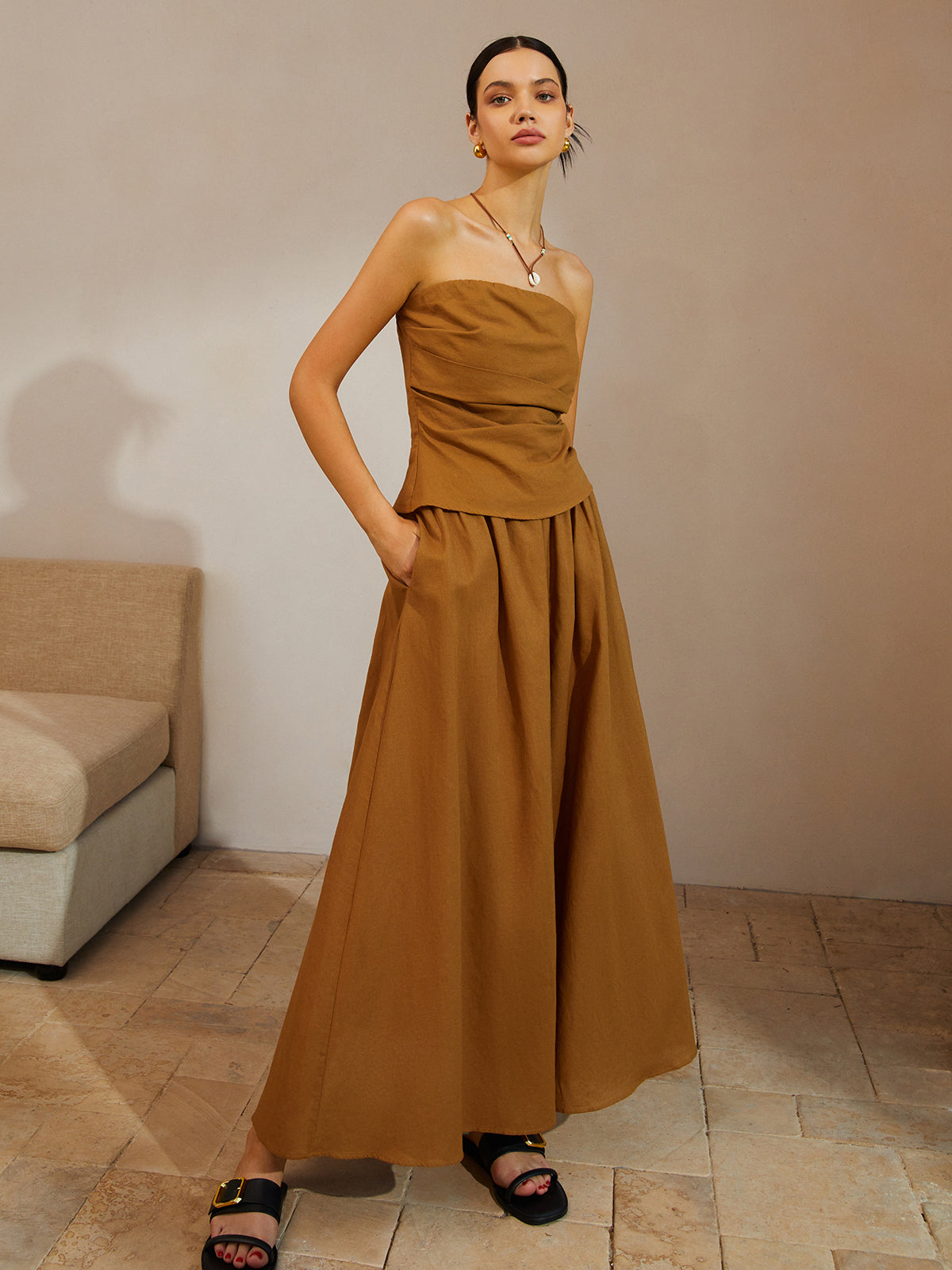 Cotton & Linen Pleated Pockets Skirt Set