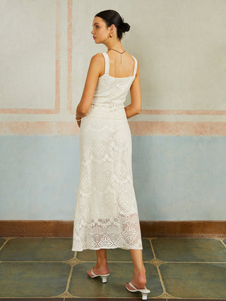 Elegant Button Lace Sleeveless Skirt Set