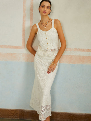 Elegant Button Lace Sleeveless Skirt Set