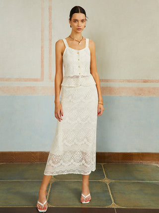 Elegant Button Lace Sleeveless Skirt Set