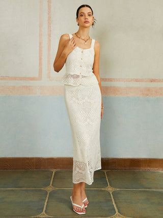 Elegant Button Lace Sleeveless Skirt Set