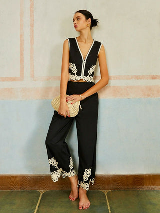 Casual Embroidery Sleeveless Pants Set