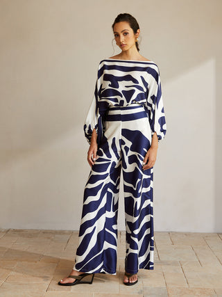 Printed Collarless Long Sleeve Satin Pants Set