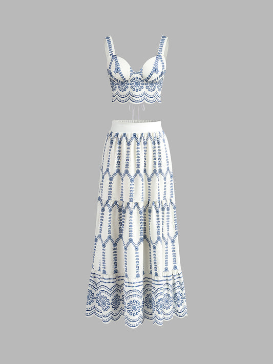 Embroidered Sleeveless Tie Back Skirt Set