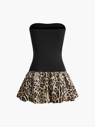 Leopard Print Paneled Strapless Short Dress