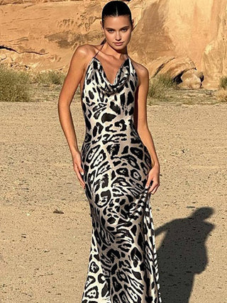 Leopard Print Cowl Neck Halter Long Dress