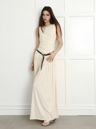 Sleeveless Crew Neck Pleated Long Dress Without Belt