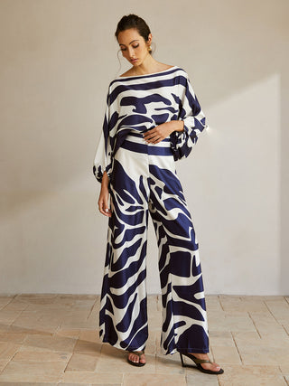 Printed Collarless Long Sleeve Satin Pants Set