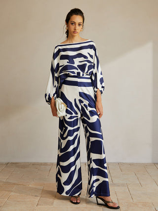 Printed Collarless Long Sleeve Satin Pants Set