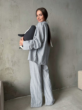 Pinstripe Lapel Long Sleeve Pants Set