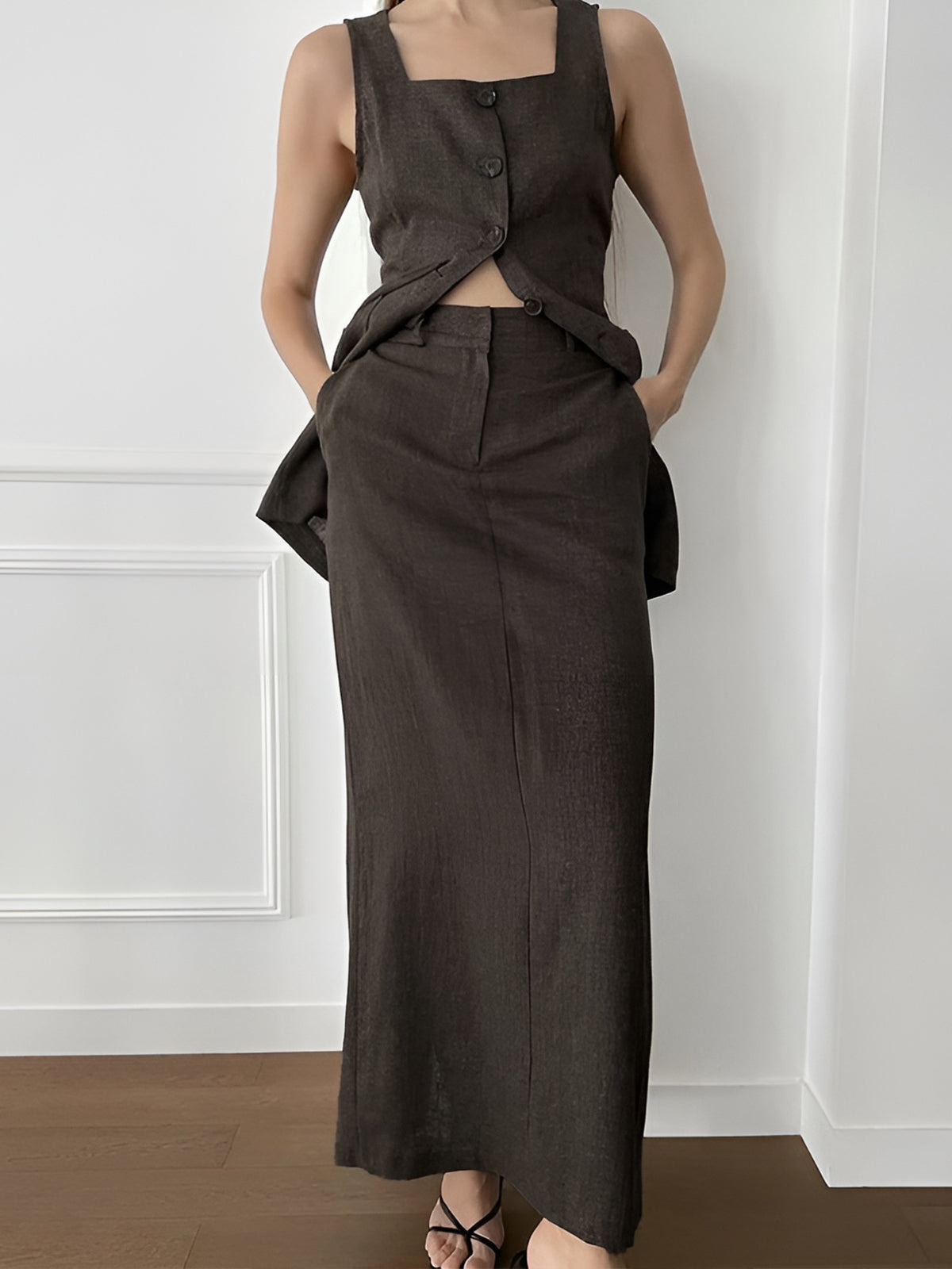 Split Button Tank Top With Pockets Skirt Set